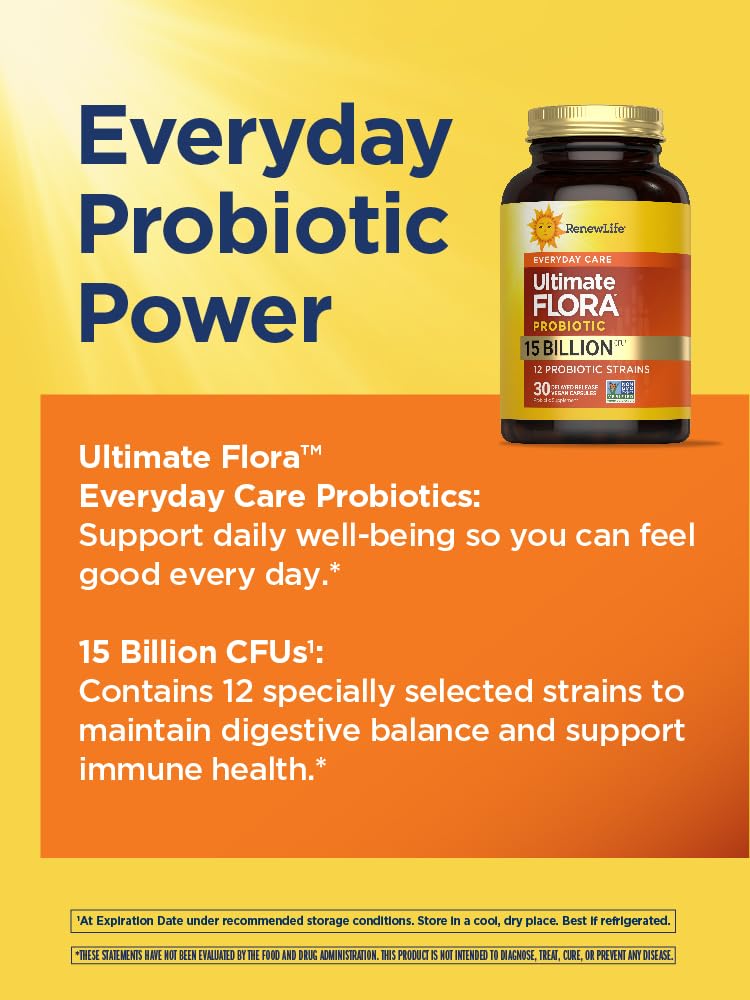 Renew Life Probiotique 15 Milliards CFU, capsules sur une surface en bois