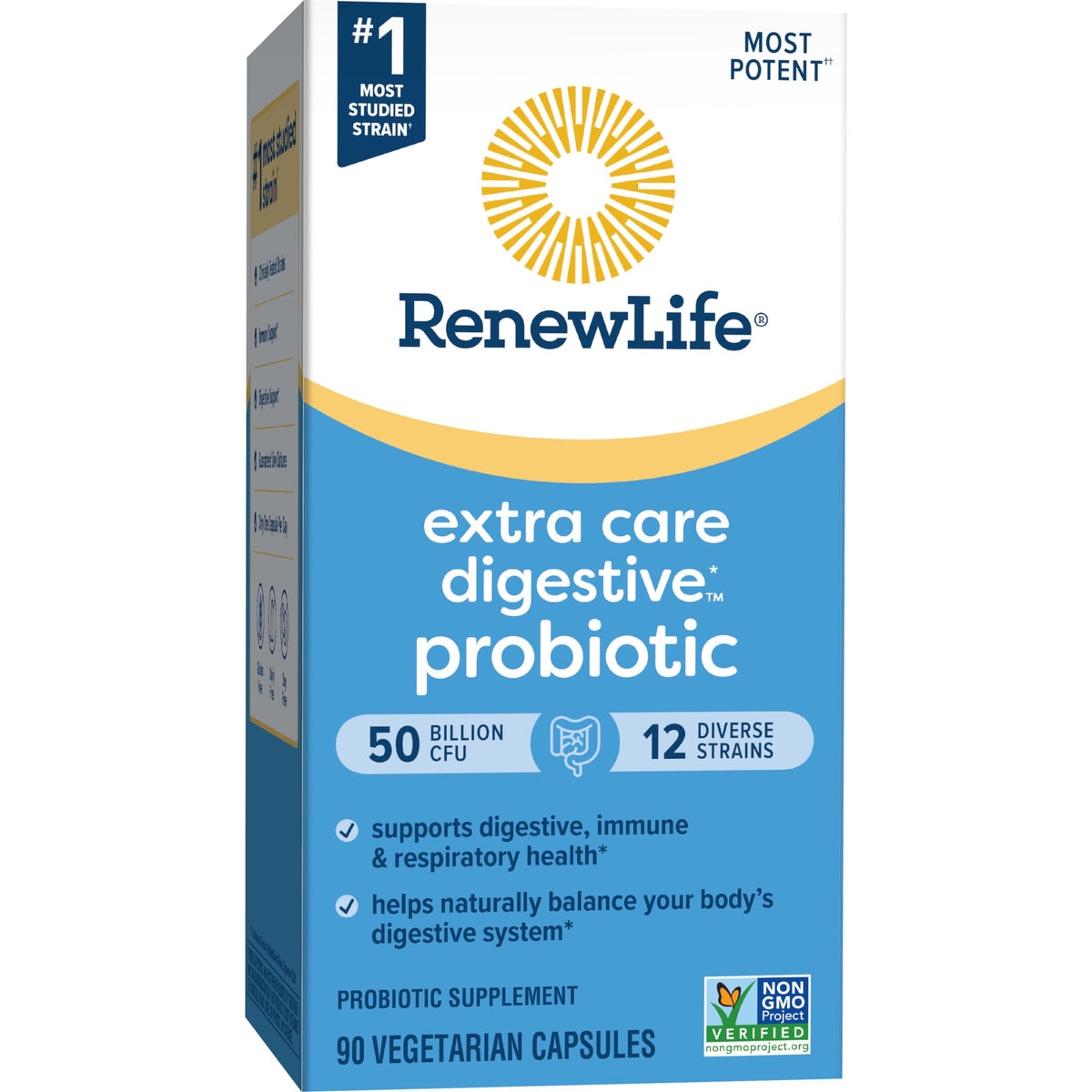 Renew Life Probiotique Extra Care 90 capsules sur une table