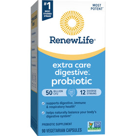 Renew Life Probiotique Extra Care 90 capsules sur une table
