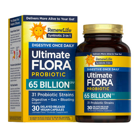 Renew Life Probiotique Flora Ultime 65 Milliards CFU, vue avant de l'emballage