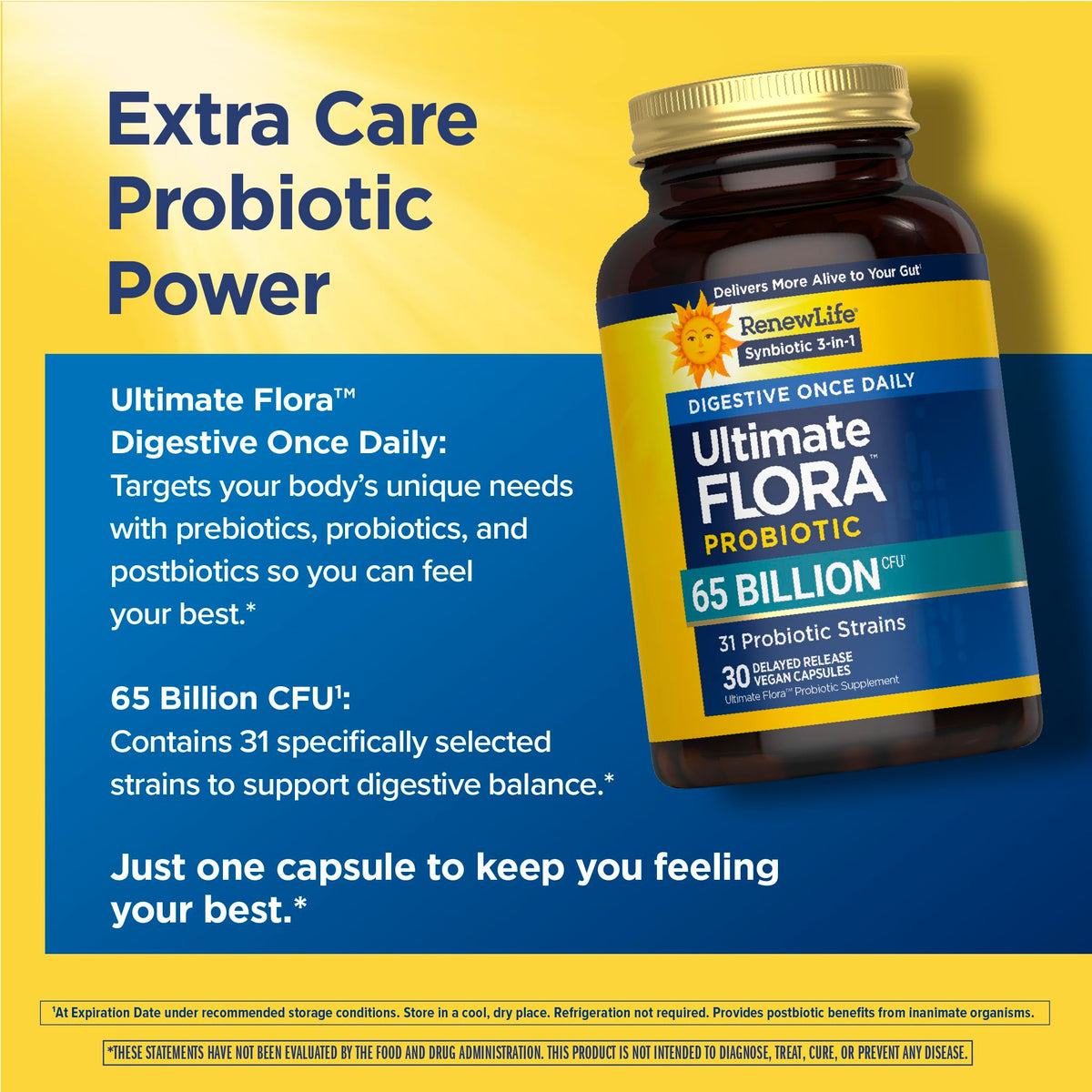 Renew Life Probiotique Flora Ultime, capsules sur fond blanc