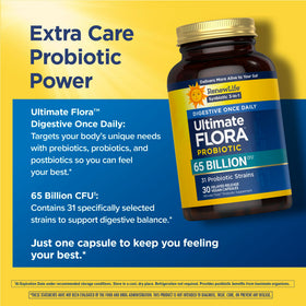 Renew Life Probiotique Flora Ultime, capsules sur fond blanc
