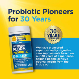 Renew Life Probiotique Ultimate Flora 50 Milliards CFU - capsule ouverte montrant la taille