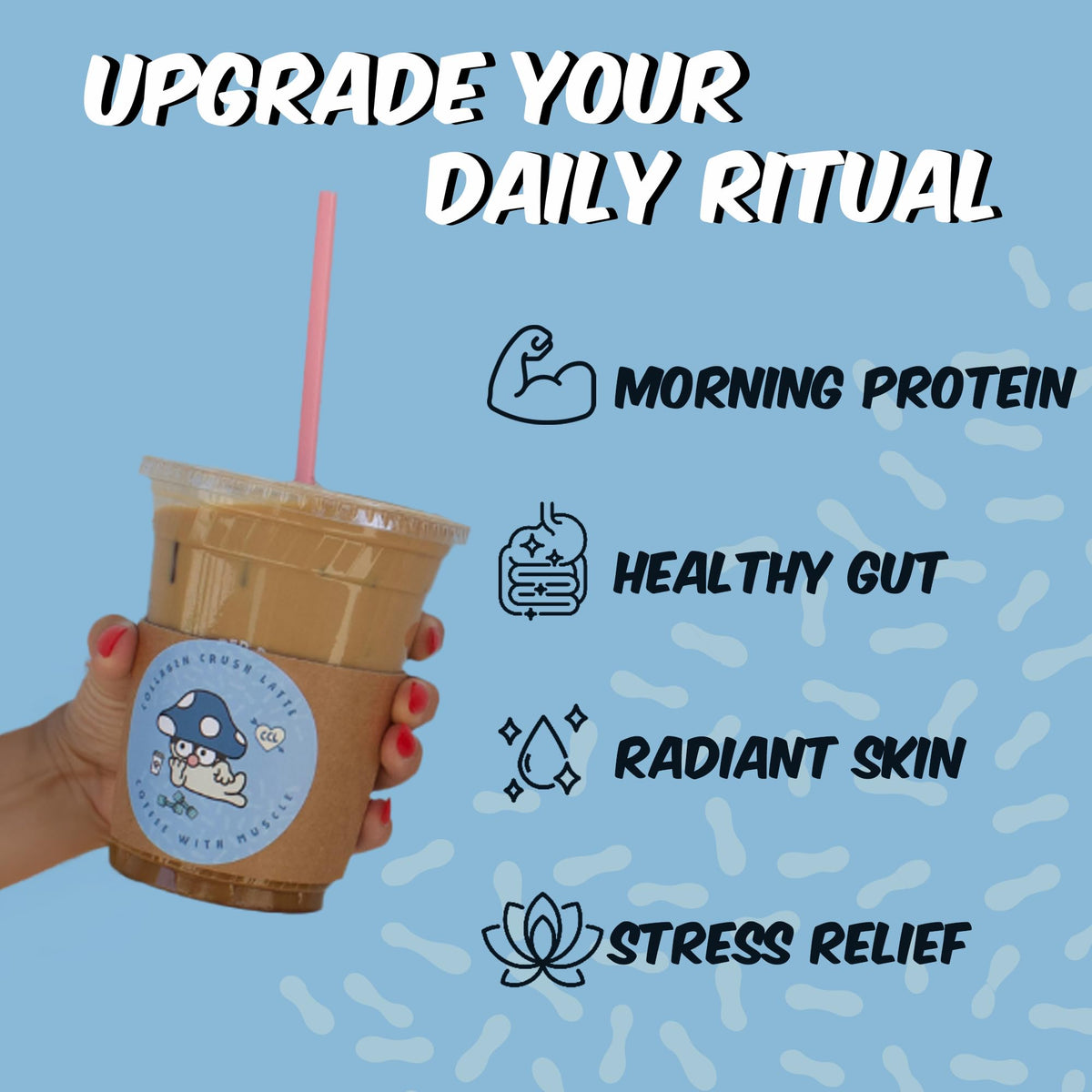 Renude Collagen Crush dans un verre avec café et mousse