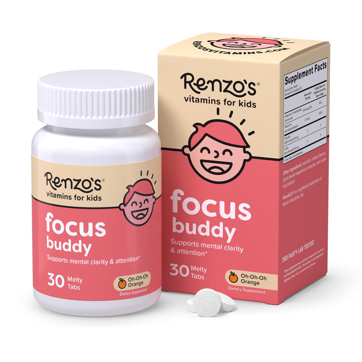 Renzo's Focus Buddy comprimés fondants pour enfants, packaging avant