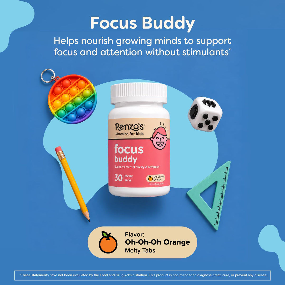 Renzo's Focus Buddy comprimés fondants pour enfants, vue de côté
