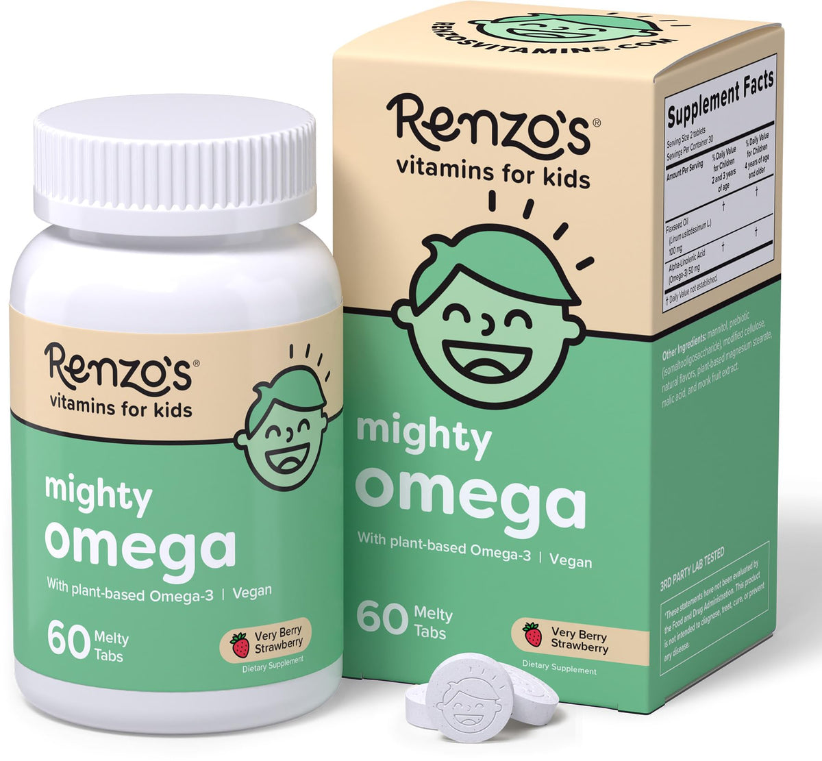 Renzo's Mighty Omega 60 comprimés en bouteille vue de face