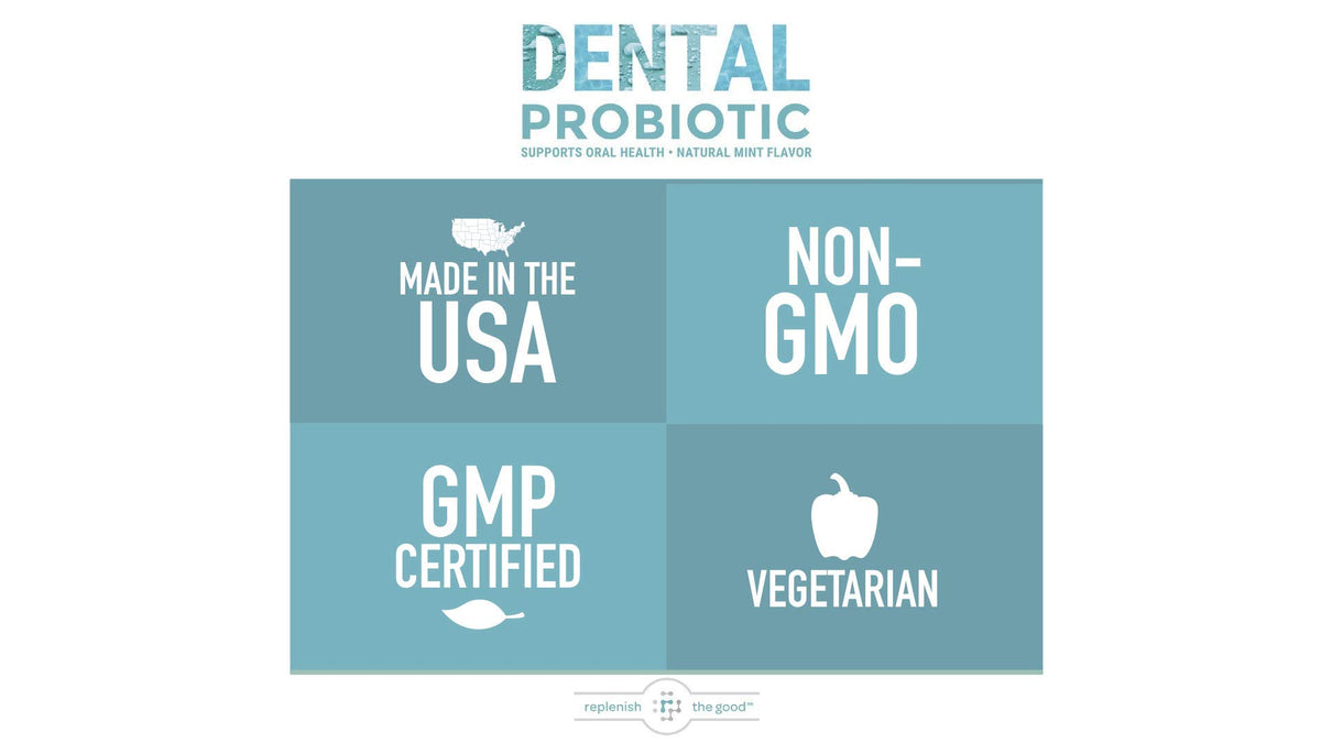 Replenish the Good Probiotique dentaire 60 comprimés à mâcher, mise en scène sur une table