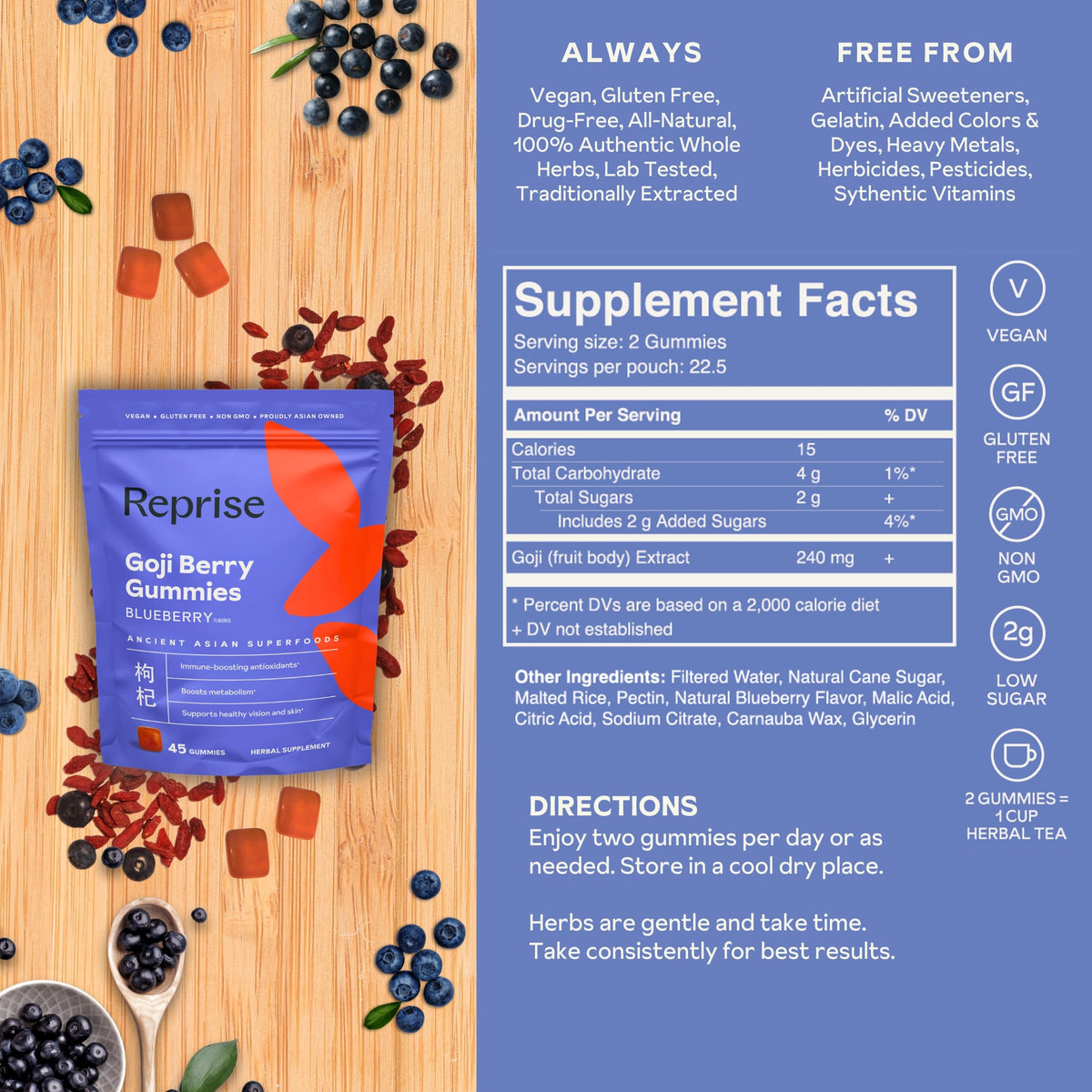 Reprise Gummies de Baies de Goji étiquette avec informations nutritionnelles