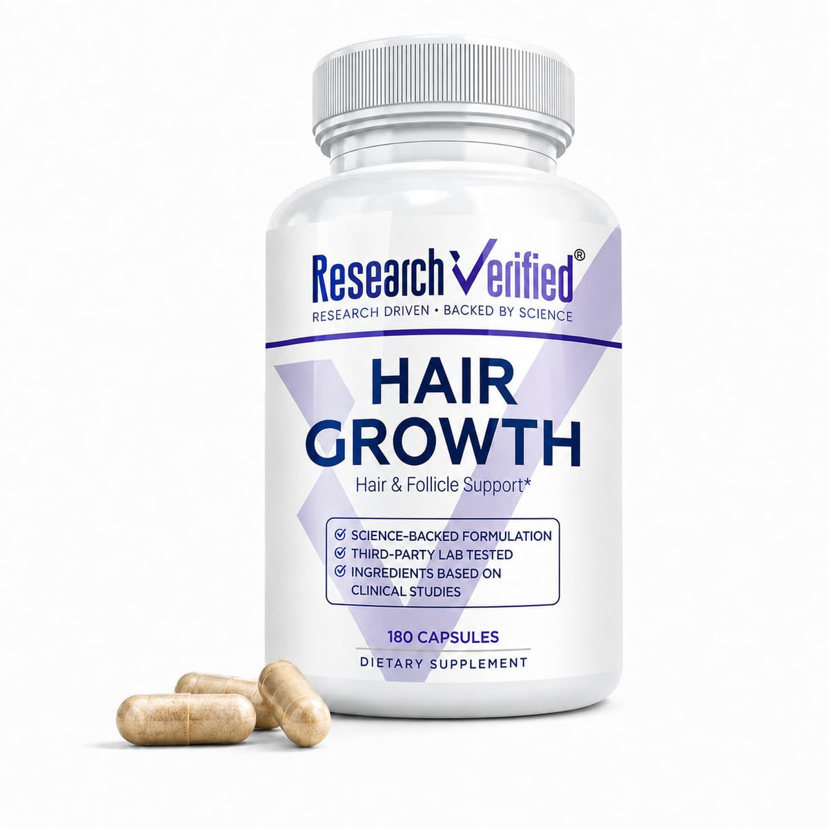 Research Verified Complément Alimentaire Soutien Croissance Cheveux 180 Capsules vue de face