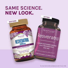 Reserveage Nutrition Resvératrol 500 mg à côté d'un verre d'eau