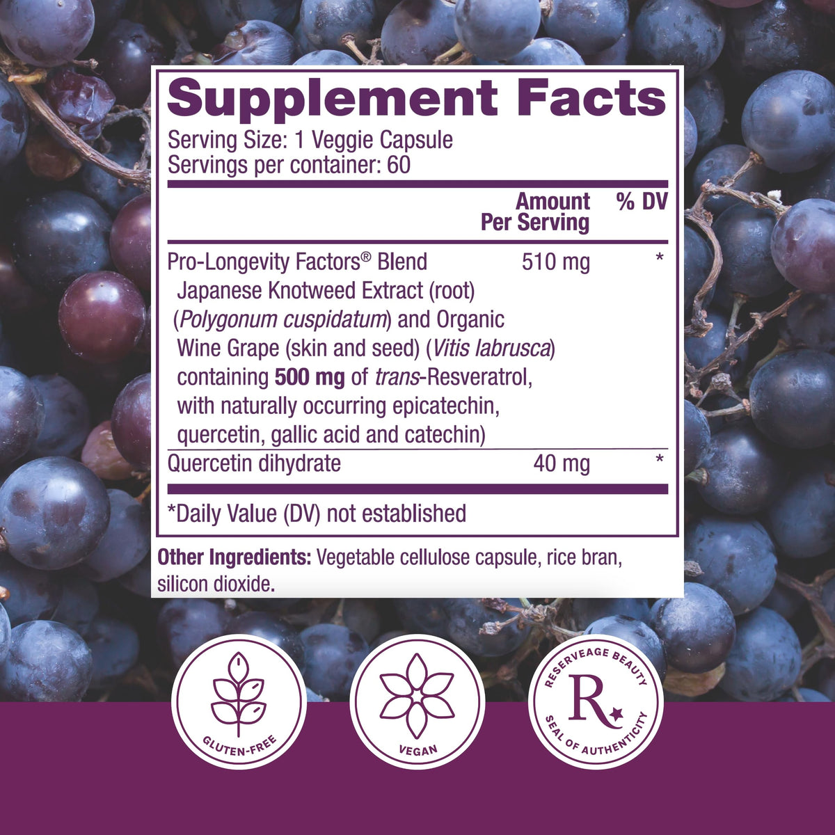 Reserveage Nutrition Resvératrol 500 mg, vue arrière de l'emballage