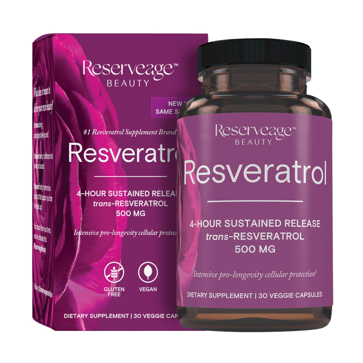 Reserveage Nutrition Resvératrol 500 mg, vue avant de l'emballage
