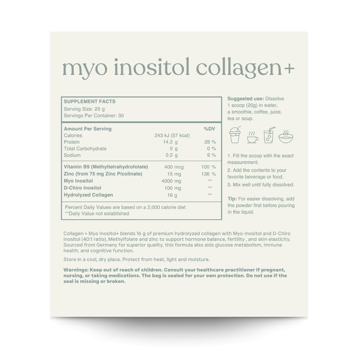 reset wellness Collagène MYO INOSITOL 600 g Non Aromatisé, vue arrière