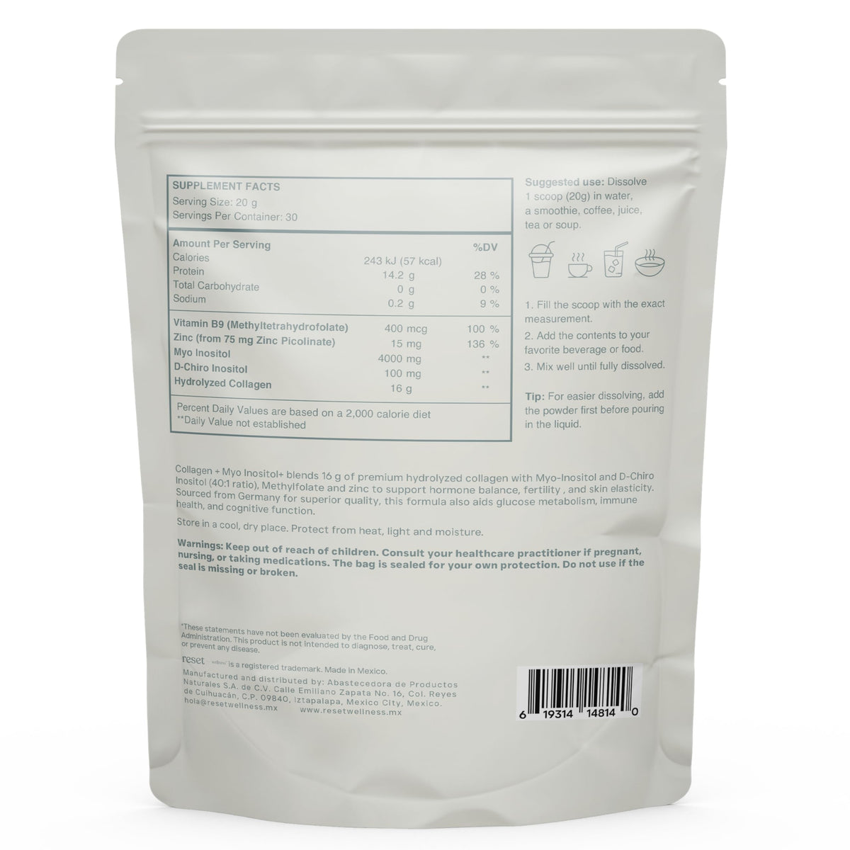 reset wellness Collagène MYO INOSITOL 600 g Non Aromatisé, vue de haut