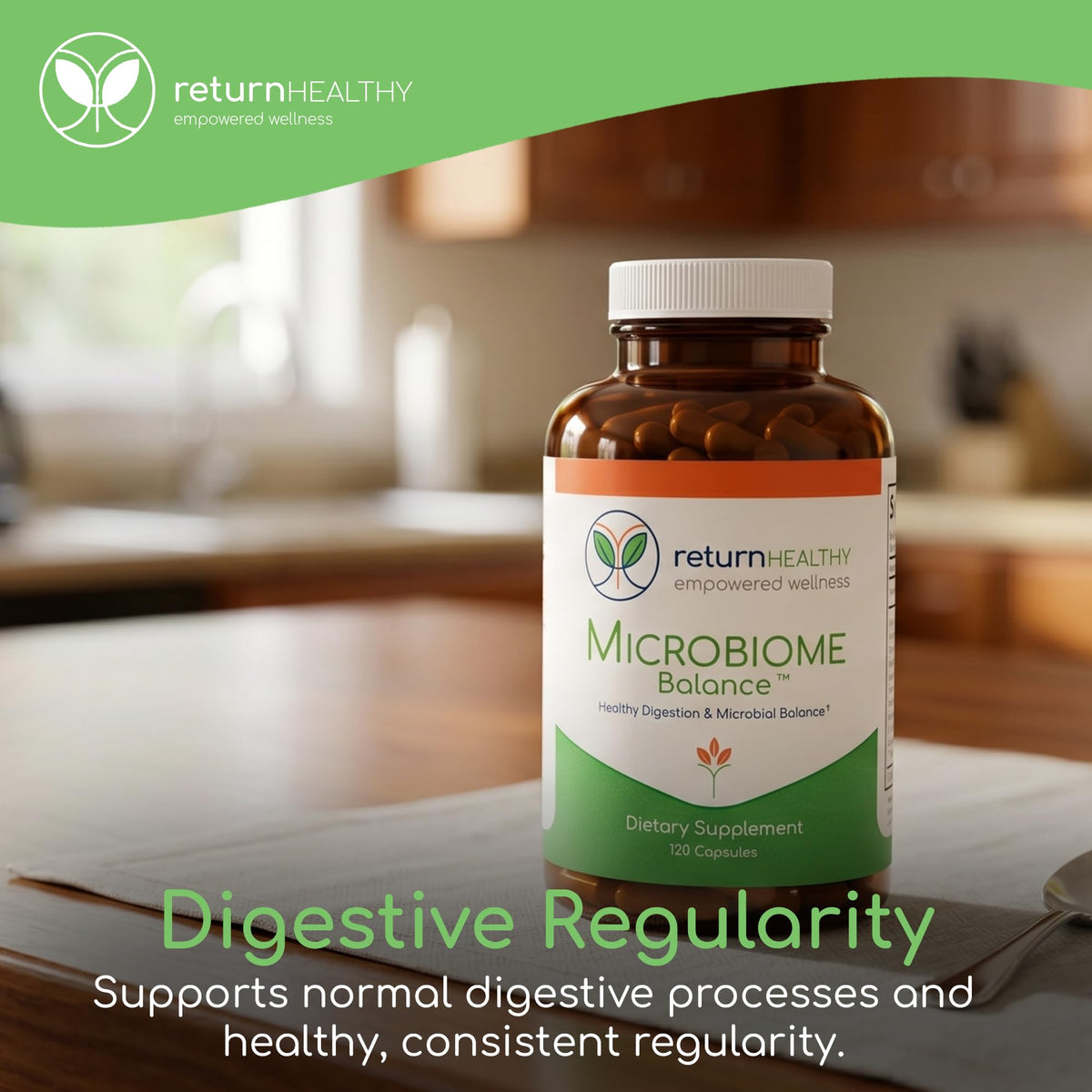 Return Healthy Microbiome Balance capsules on a table