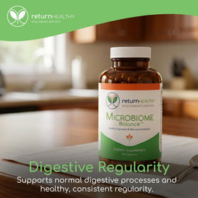 Return Healthy Microbiome Balance capsules on a table