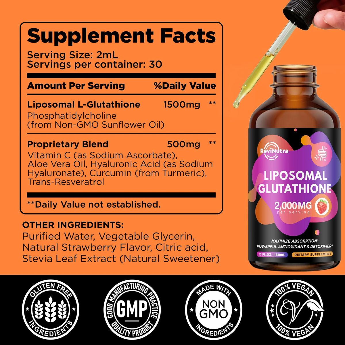 ReviNutra Glutathione Liposomal 2000mg flacon avec gouttes