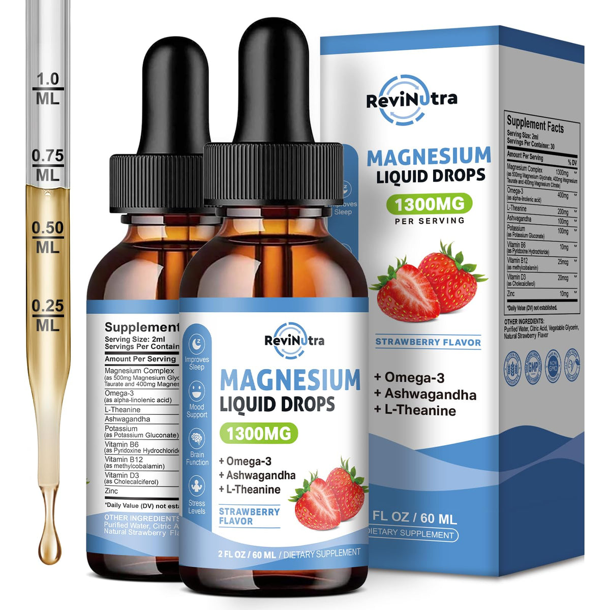 ReviNutra Gouttes de Magnésium Liquide 2 Pack 1300mg, vue de face
