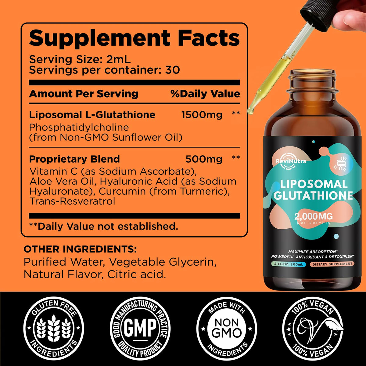 ReviNutra Liposomal Glutathione 2000mg flacon et verre d'eau