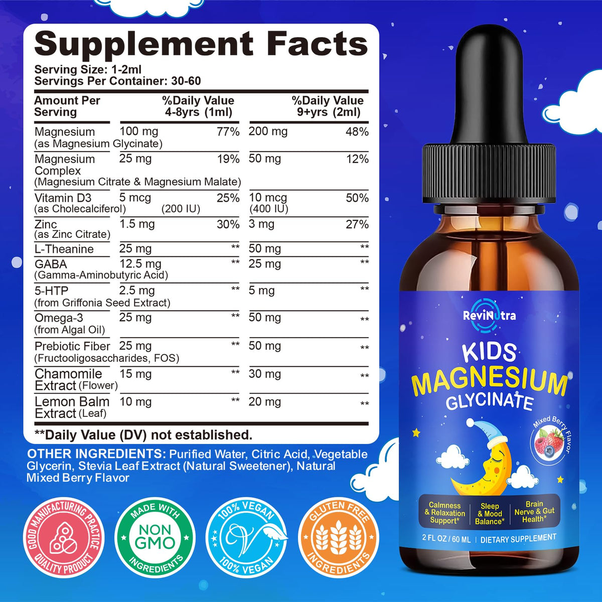 ReviNutra Magnésium Glycinate Liquide 2 Pack ouvert avec gouttes visibles