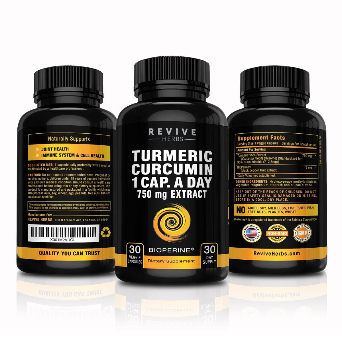 Revive Herbs Curcuma Bio 750 mg avec Bioperine présentation des capsules