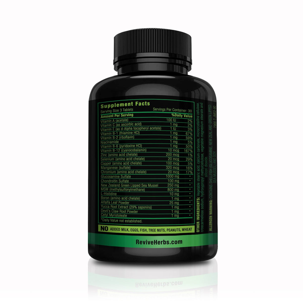 Revive Herbs Glucosamine Chondroitin MSM 159g - étiquette de près