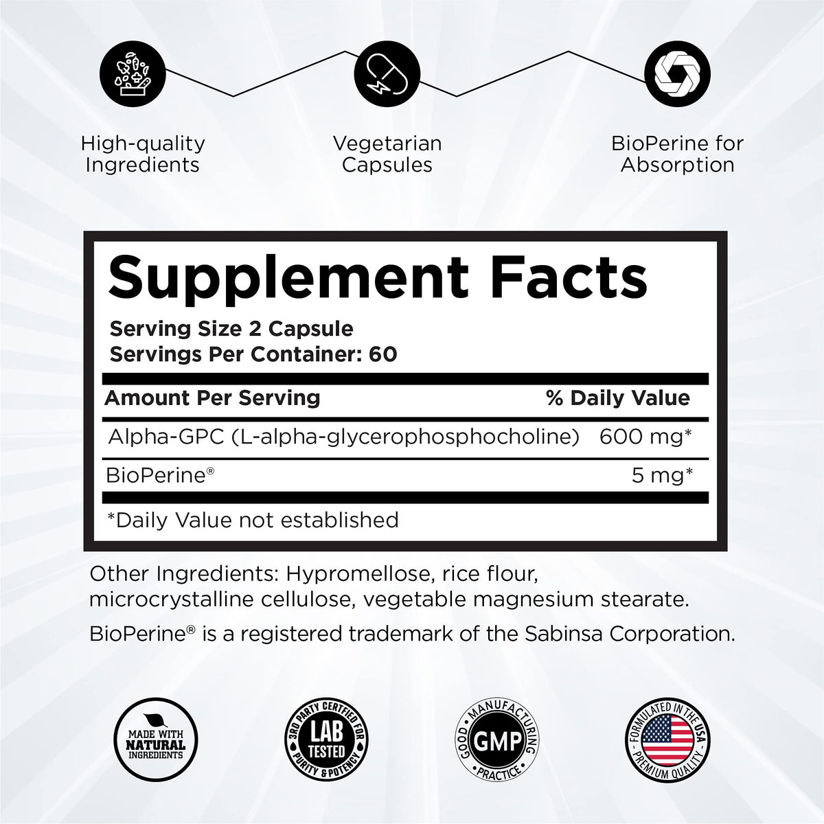 Revolution Science Alpha GPC 600mg 120 capsules avec BioPerine