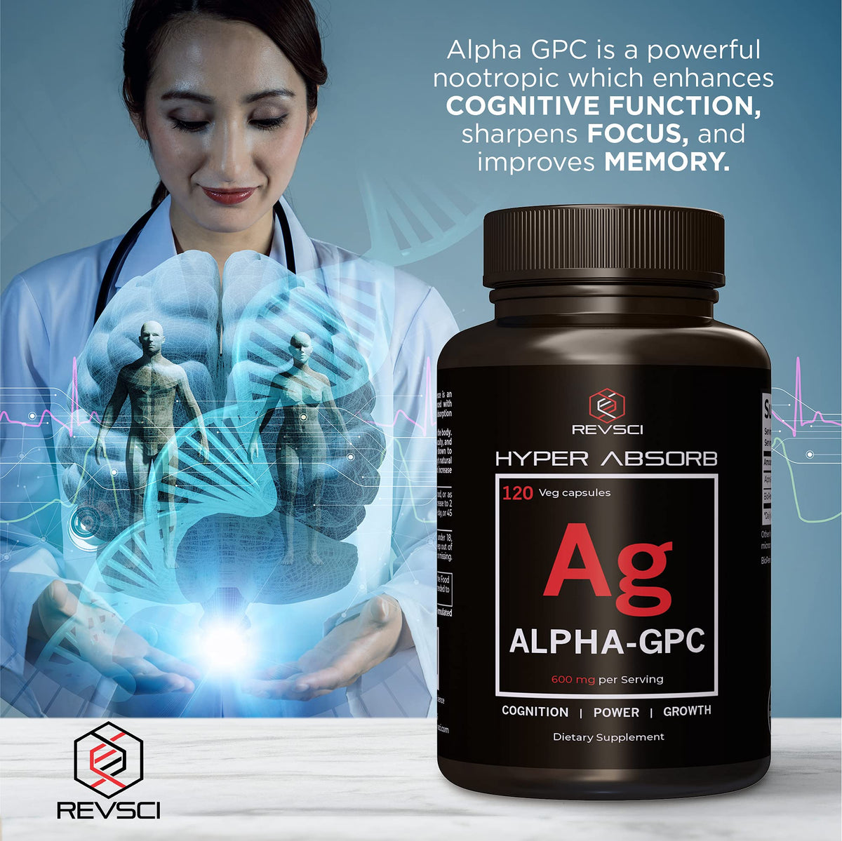 Revolution Science Alpha GPC 600mg 120 capsules ouvertes