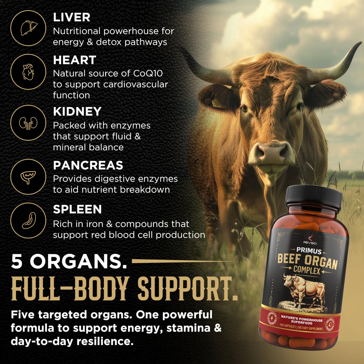 Revolution Science Complément Alimentaire Organique Bovine 180 Capsules - vue latérale