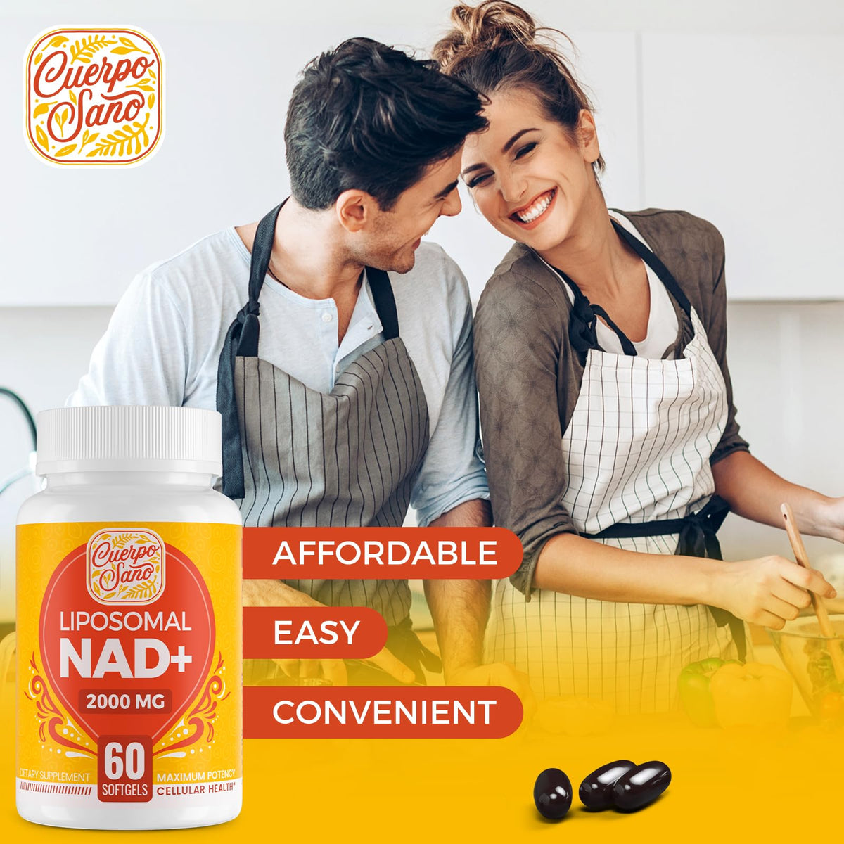 Rhameph Complément Alimentaire NAD+ Liposomal 2000 mg, gélules dans un verre d'eau
