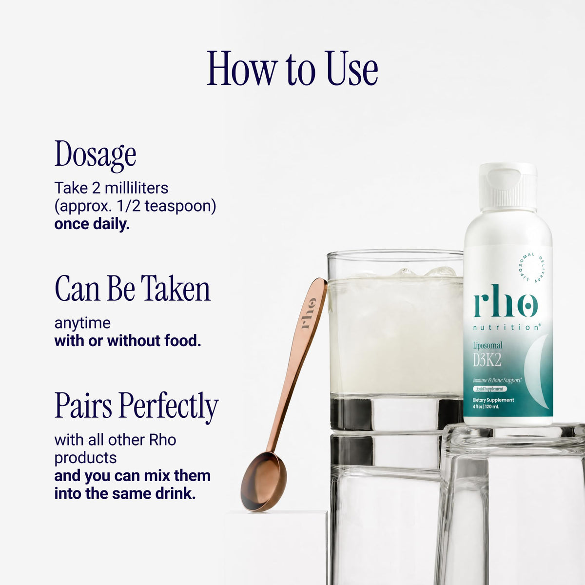 Rho Nutrition Liposomal D3K2 en utilisation avec un verre d'eau