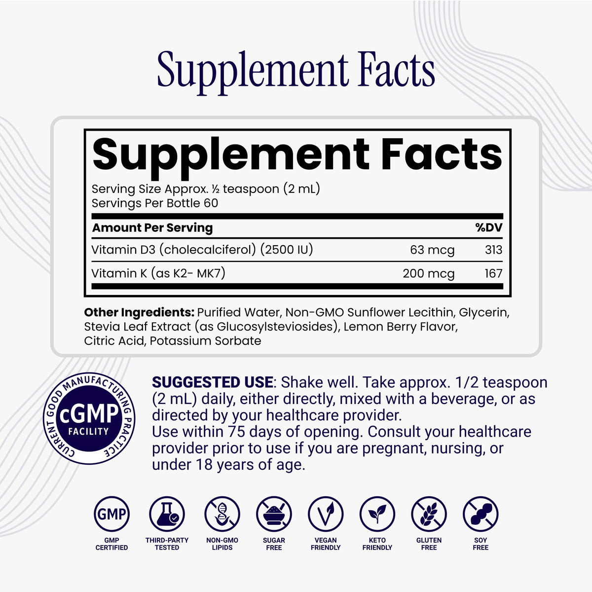 Rho Nutrition Liposomal D3K2 étiquette avec ingrédients