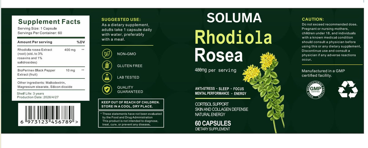 Rhodiola Rosea 400mg avec une tasse d'eau