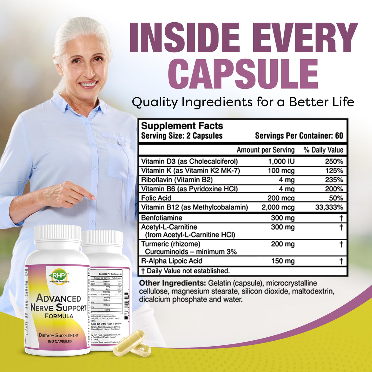 RHP 120 capsules dans un flacon sur fond blanc