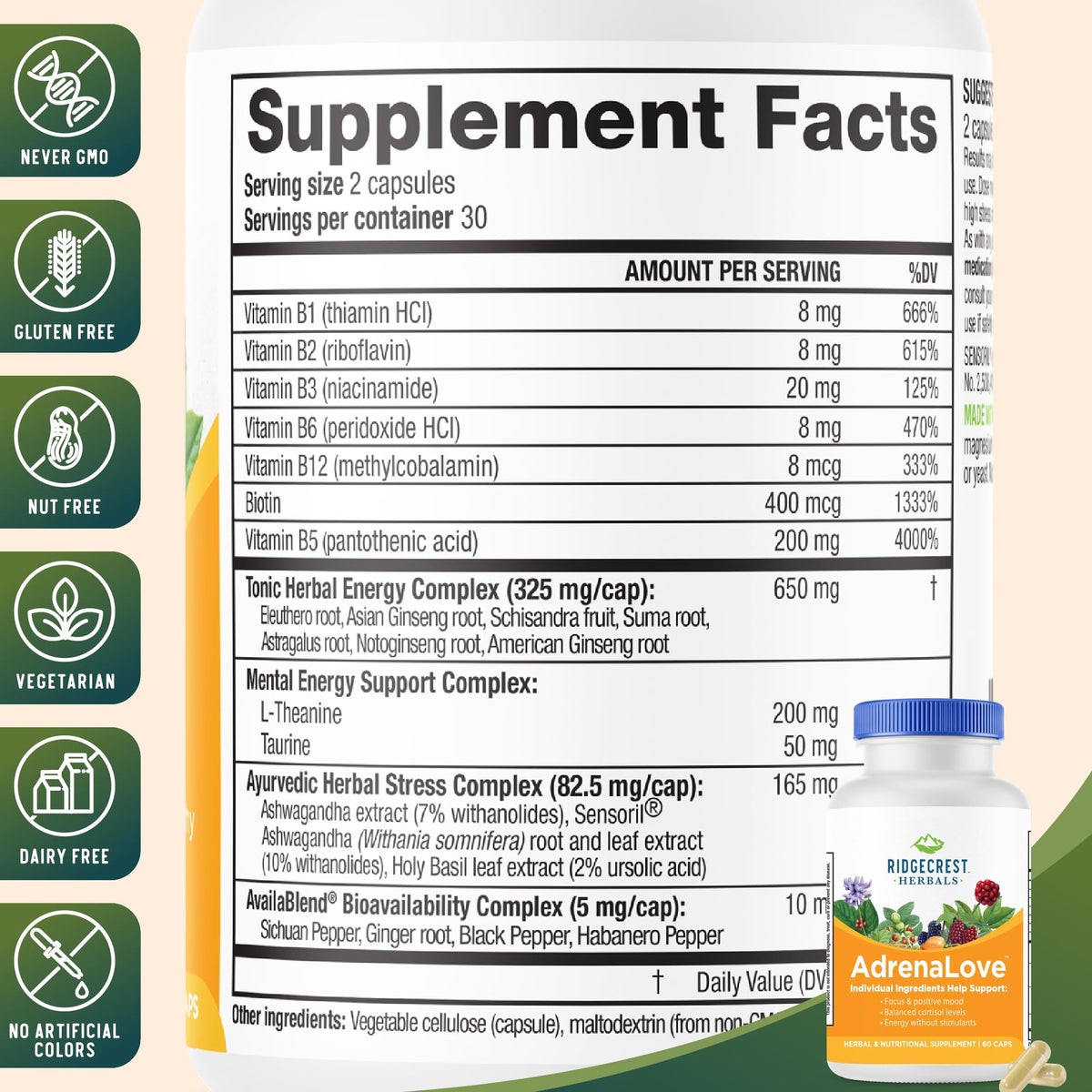 RidgeCrest Herbals AdrenaLove 60 Ct ingrédients