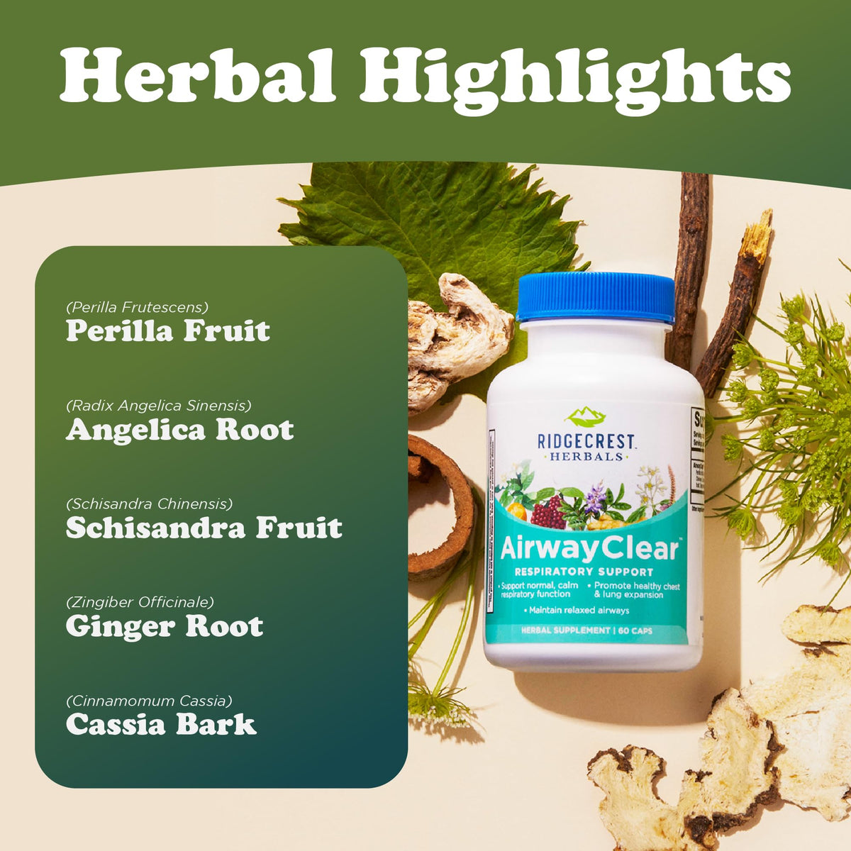 RidgeCrest Herbals AirwayClear flacon ouvert avec capsules