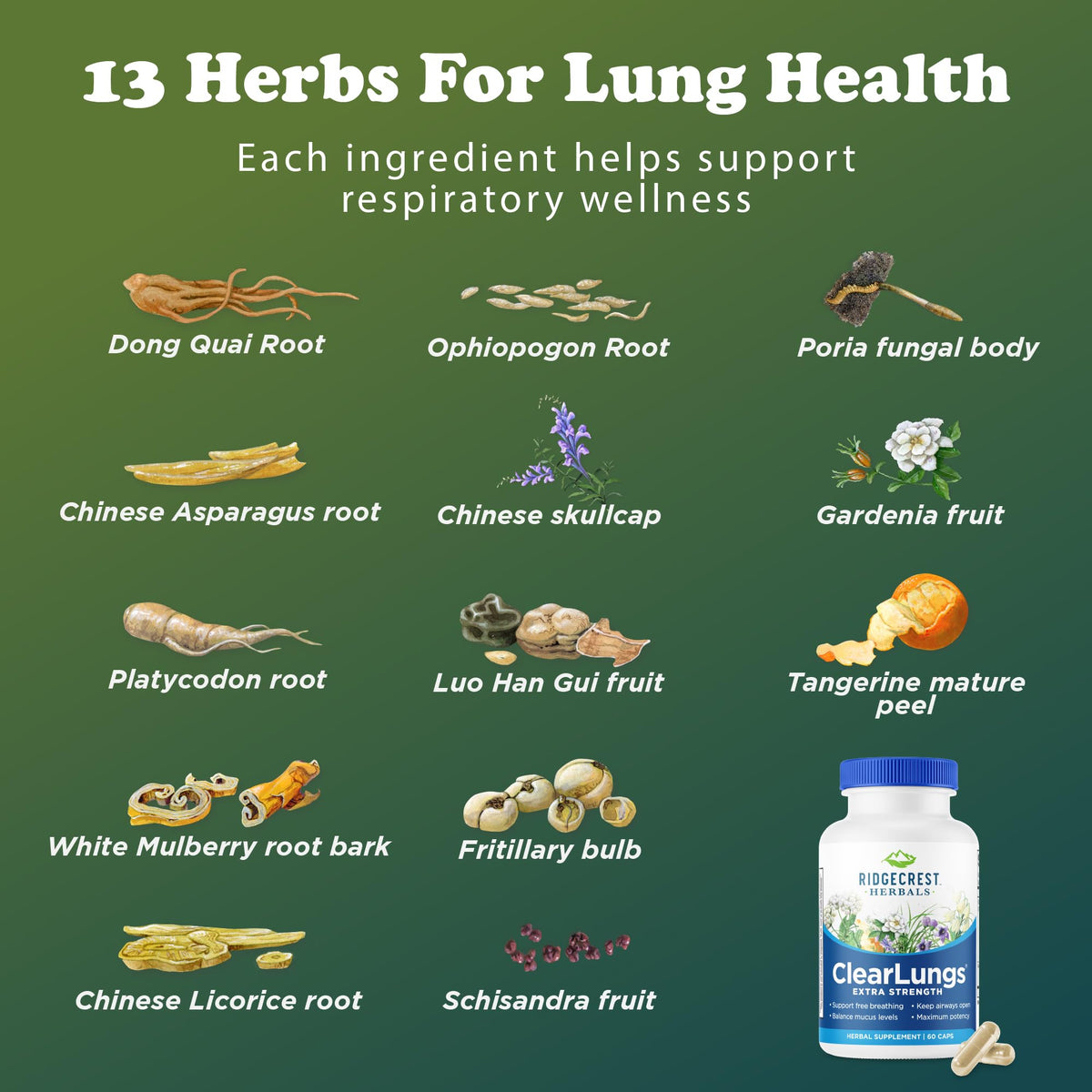 RidgeCrest Herbals ClearLungs 60 Ct sur une table en bois