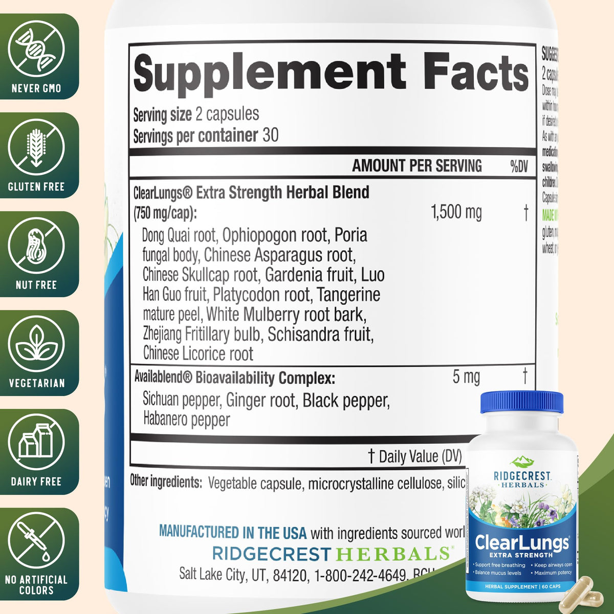 RidgeCrest Herbals ClearLungs 60 Ct vue de côté