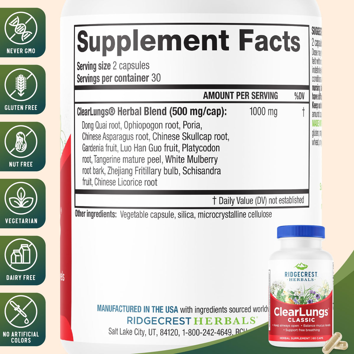 RidgeCrest Herbals ClearLungs Classic 60 Ct étiquette avec dosage