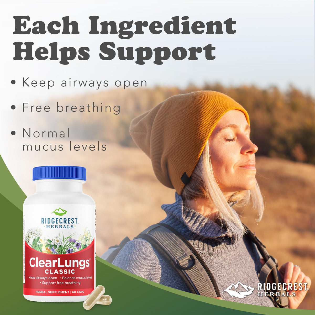 RidgeCrest Herbals ClearLungs Classic 60 Ct ingrédients naturels
