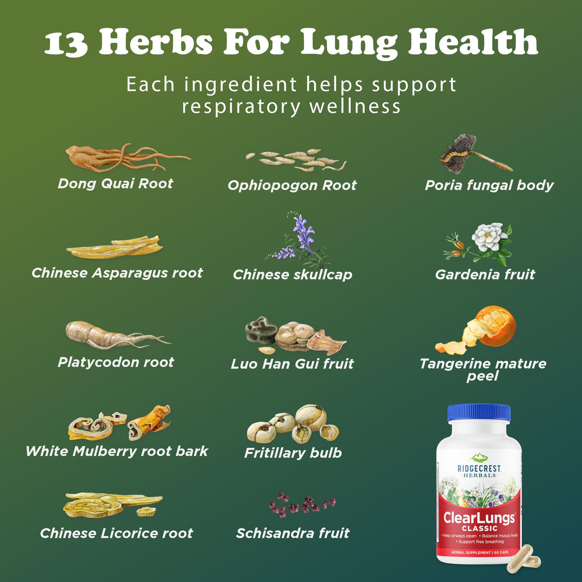 RidgeCrest Herbals ClearLungs Classic 60 Ct présentation sur une table