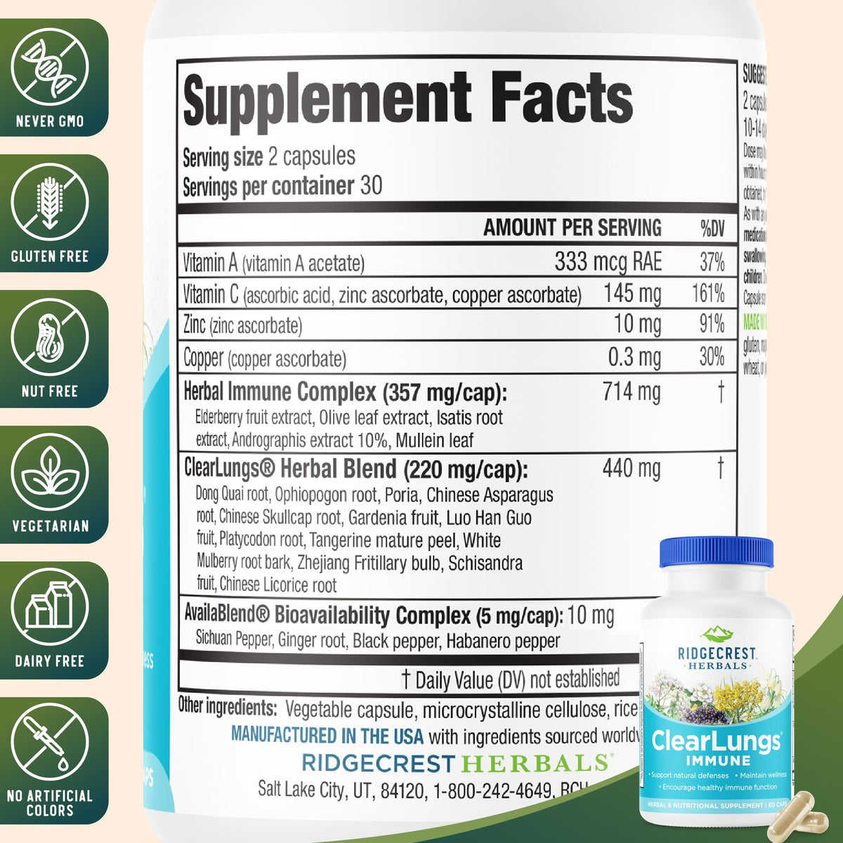 RidgeCrest Herbals ClearLungs daily wellness, gélules sur une surface