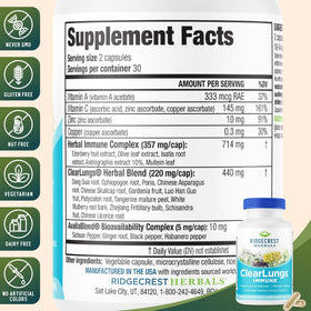 RidgeCrest Herbals ClearLungs daily wellness, gélules sur une surface