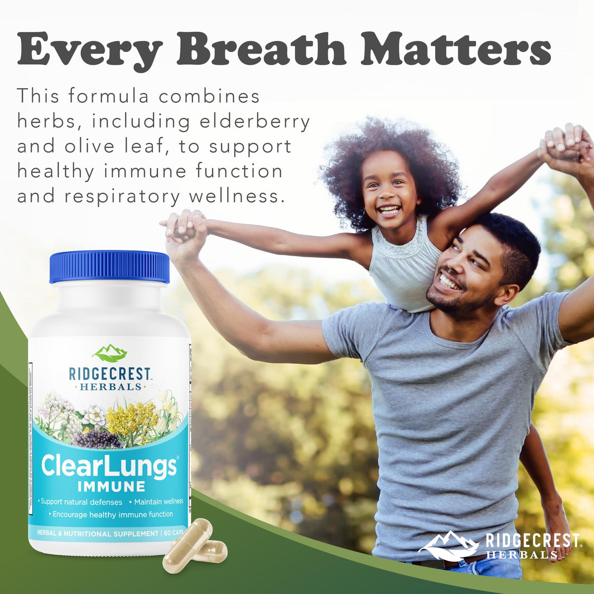 RidgeCrest Herbals ClearLungs daily wellness, vue de côté de la boîte