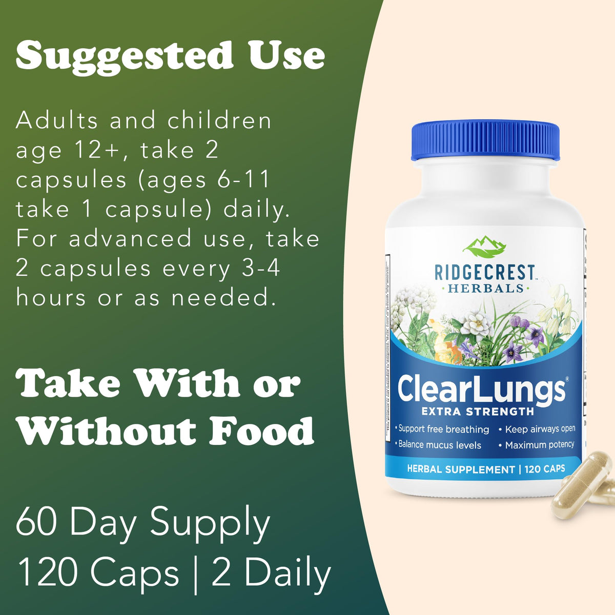 RidgeCrest Herbals ClearLungs Extra Strength 120 ct présentation sur fond blanc