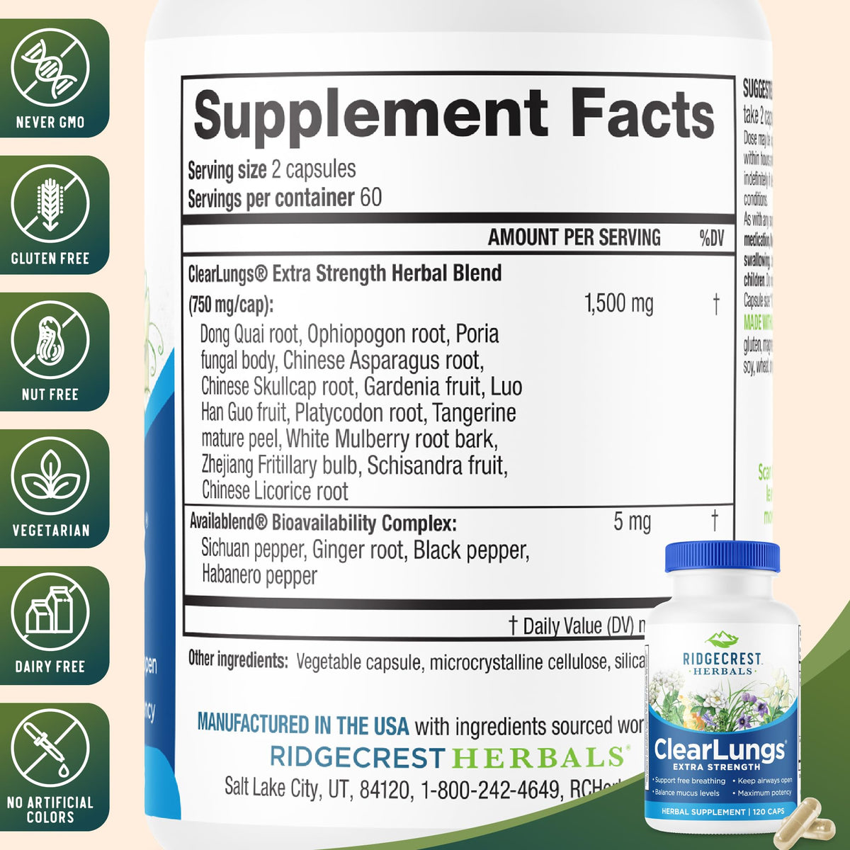 RidgeCrest Herbals ClearLungs Extra Strength 120 ct vue latérale