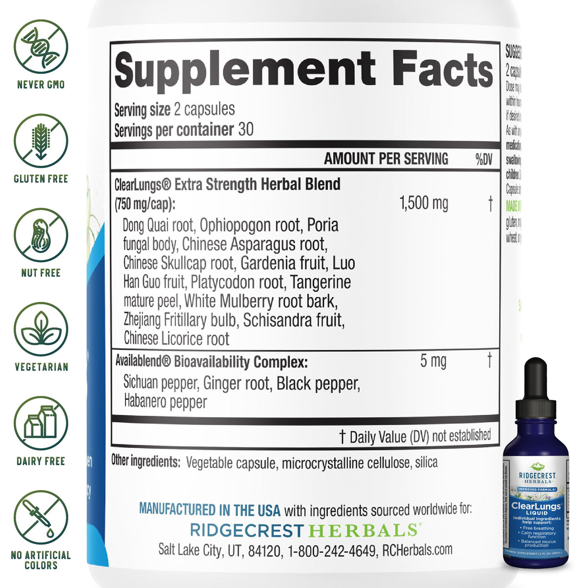 RidgeCrest Herbals ClearLungs Liquide 60 ml avec goutteur