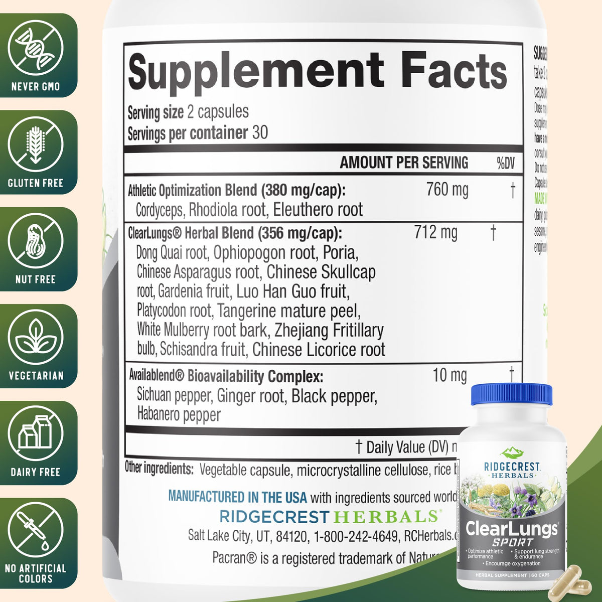 RidgeCrest Herbals ClearLungs Sport 60 Ct côté de la boîte