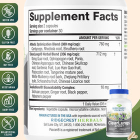 RidgeCrest Herbals ClearLungs Sport 60 Ct côté de la boîte